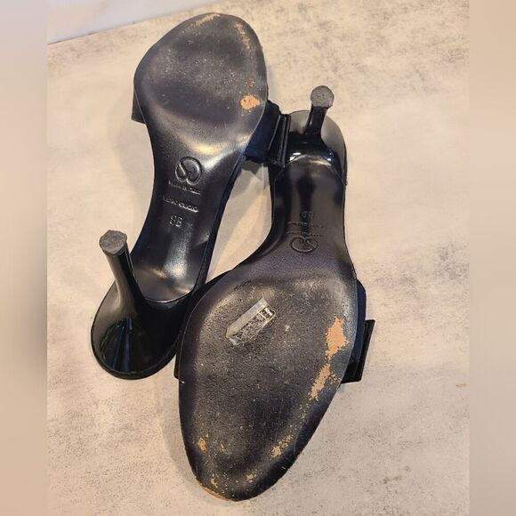 St. John Odessa Satin Mules, Crystal Buckle Black & Gold Heels | 8B - Picture 12 of 14